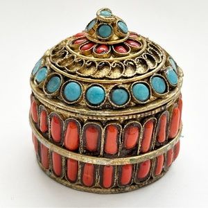 Vintage Tibetan Chinese Nepali Turquoise Coral Brass Trinket Jewelry Prayer Box